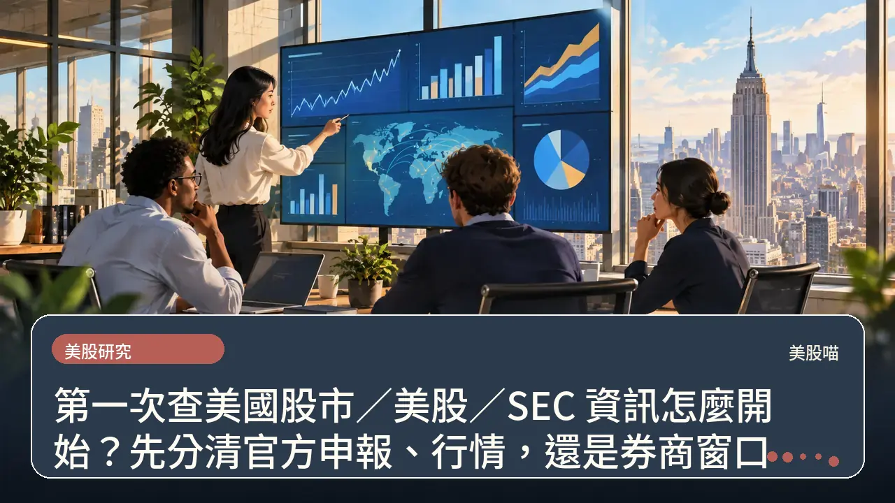 第一次查美國股市/美股/SEC 資訊怎麼開始?先分清官方申報、行情,還是券商窗口主題插畫
