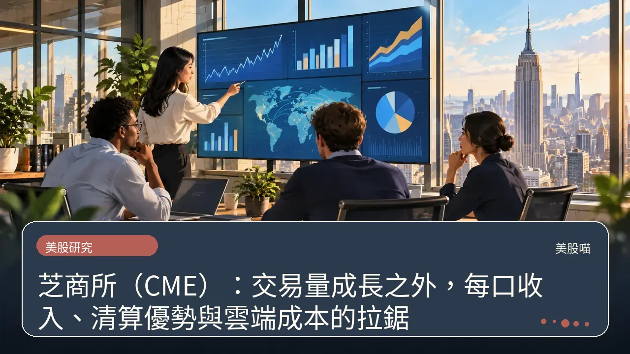 芝商所(CME):交易量成長之外,每口收入、清算優勢與雲端成本的拉鋸主題插畫