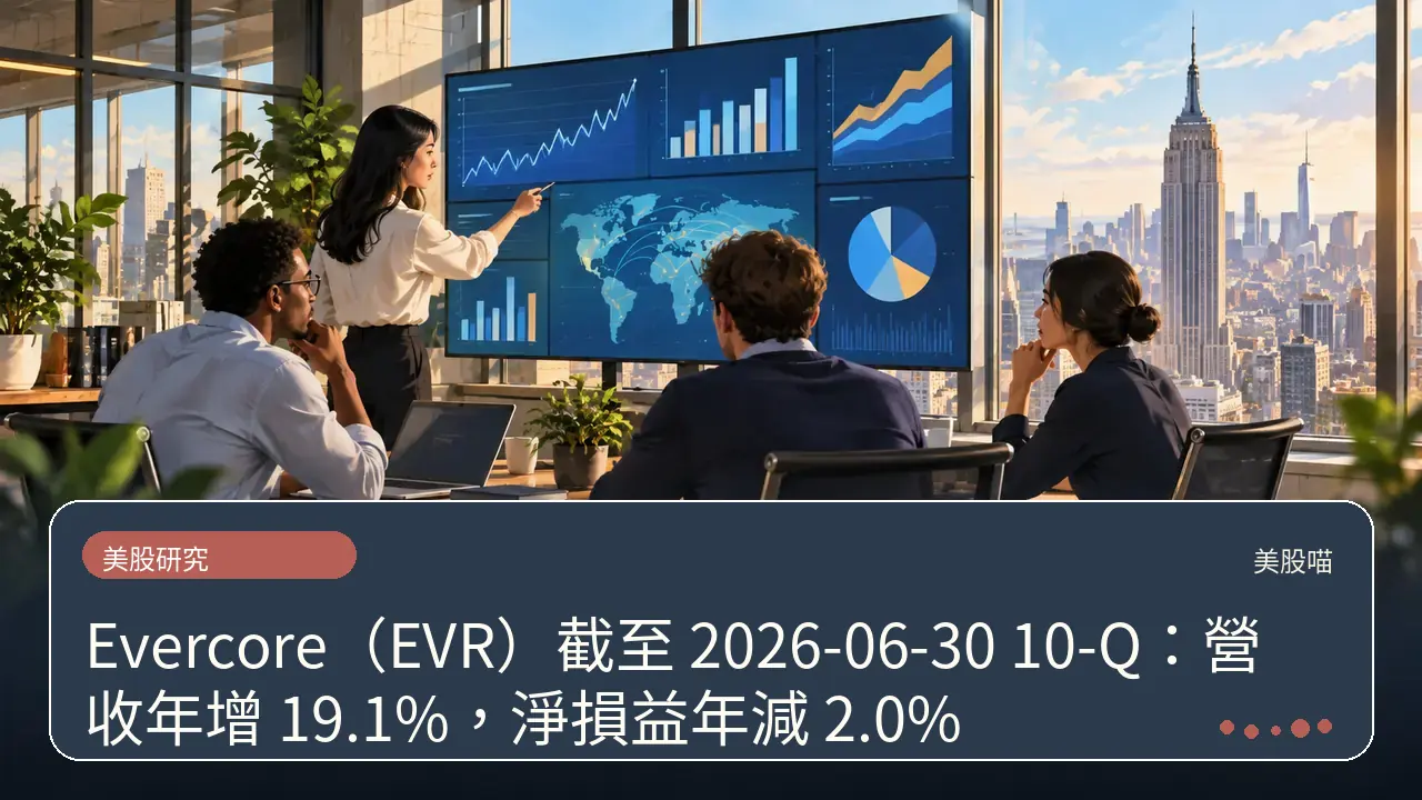 Evercore（EVR）截至 2026-06-30 10-Q：營收年增 19.1%，淨損益年減 2.0%主題插畫