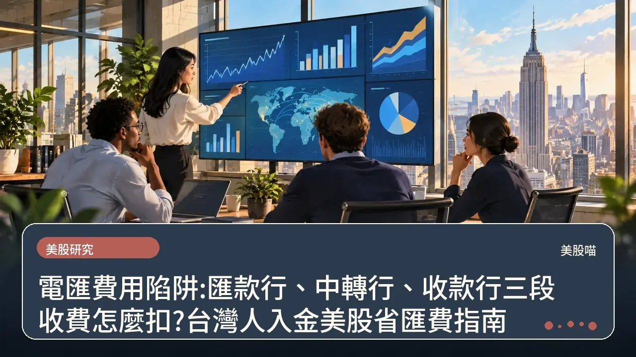 電匯費用陷阱:匯款行、中轉行、收款行三段收費怎麼扣?台灣人入金美股省匯費指南主題插畫